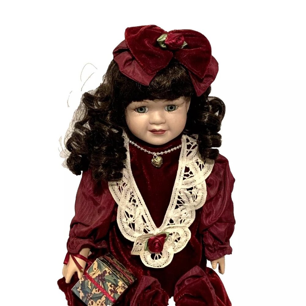 The Brass Key Porcelain Girl Doll 16” Brown Hair Green Eyes With Stand Necklace